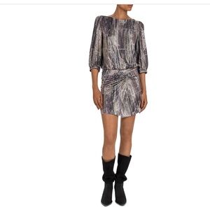 Alice + Olivia Metallic Silver-Gray Abstract Ruched Mini Dress